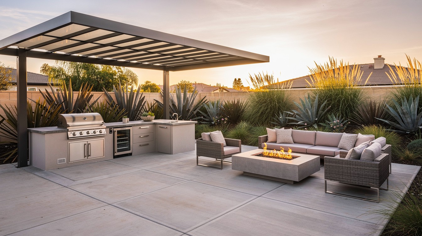 Covered Outdoor Kitchen and Concrete Terrace — Modern/Minimalist garden in Anaheim