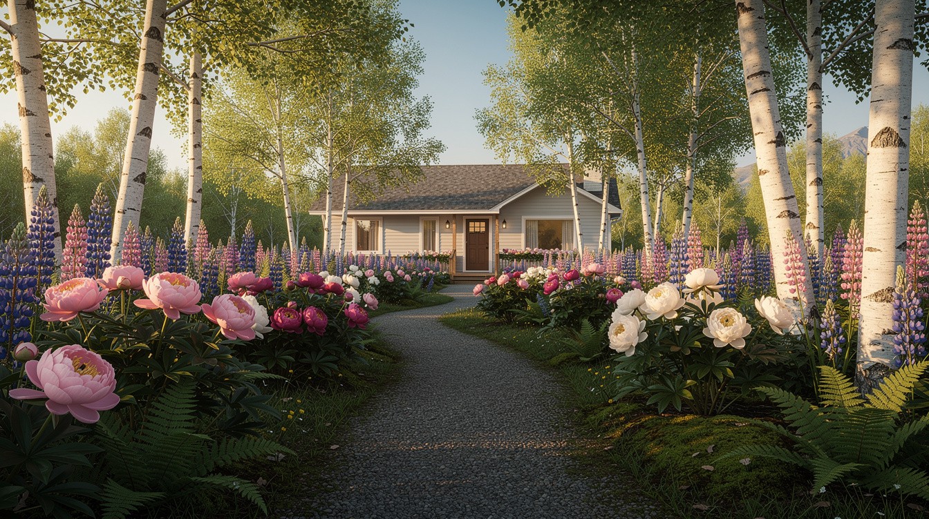Alaskan Birch Path Cottage with Lupine and Peony Borders — Cottage/English garden in Anchorage