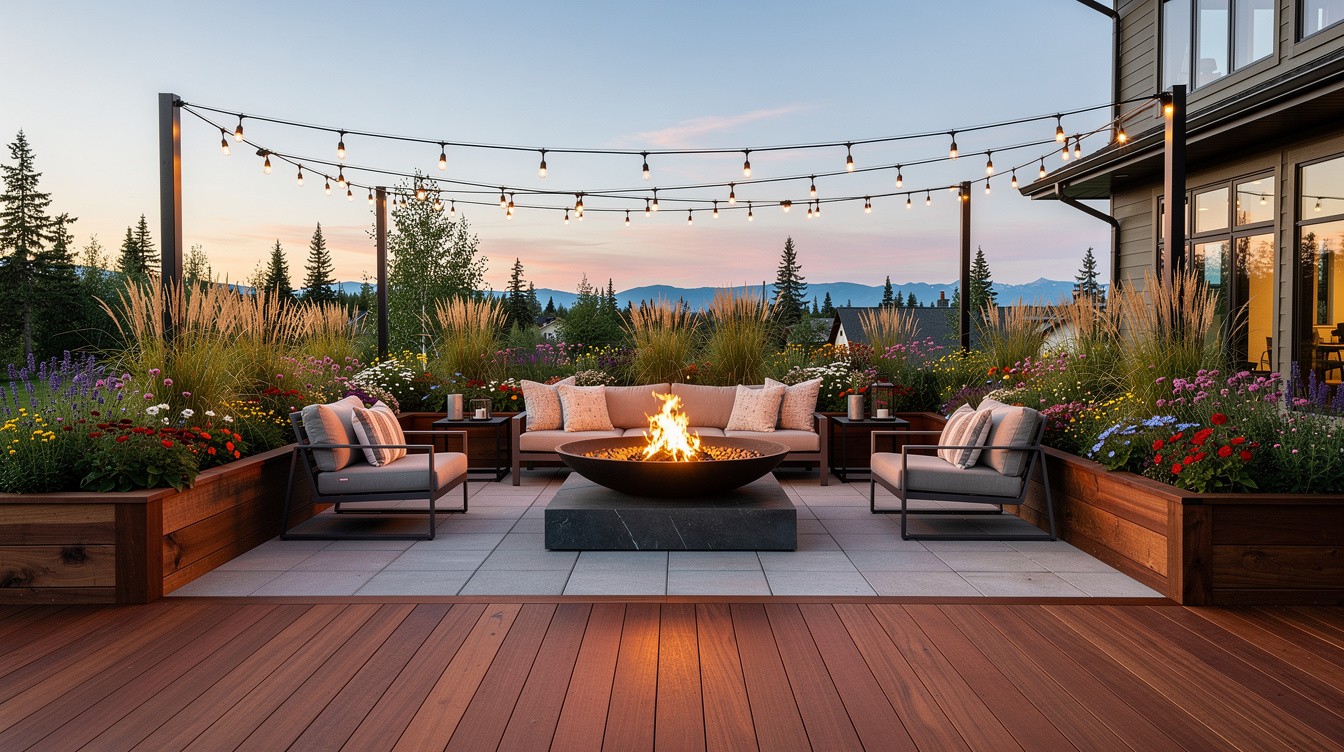 Deck and Patio with Fire Feature and Raised Planting — Modern/Minimalist garden in Anchorage