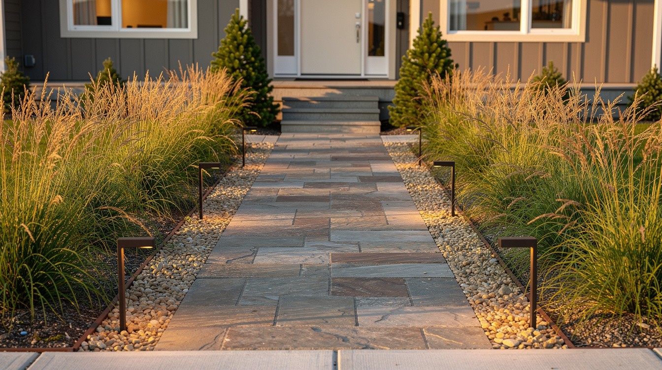 Natural Stone Entry with Hardy Grasses and Spruce Accents — Modern/Minimalist garden in Anchorage