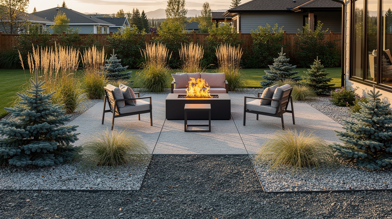 Gravel Patio with Fire Feature and Drought-Adapted Planting — Desert/Xeriscape garden in Anchorage