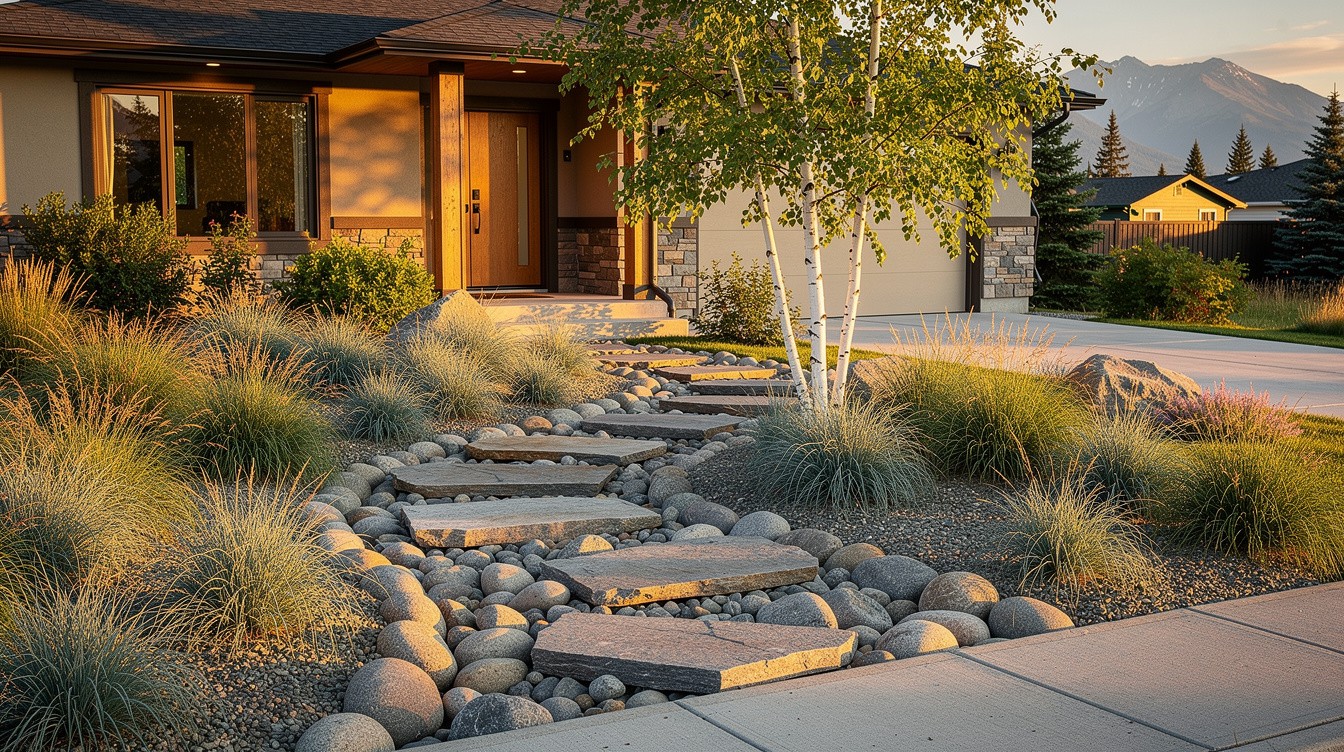 River Cobble and Native Grass Dry Garden Entry — Desert/Xeriscape garden in Anchorage