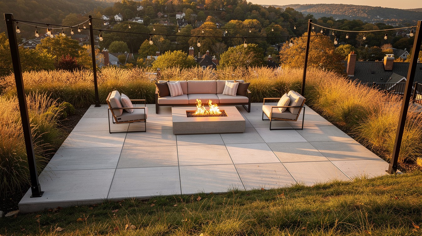 Concrete Fire Pit Terrace with Prairie Borders — Modern/Minimalist garden in Cincinnati