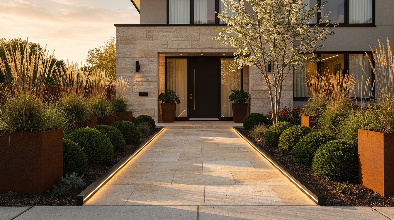Ohio Limestone Entry with Ornamental Grasses and Boxwood Structure — Modern/Minimalist garden in Cincinnati