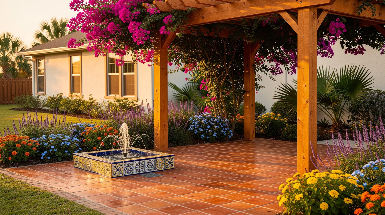 Saltillo Tile Patio with Cottage Border and Pergola — Cottage/English garden in Corpus Christi