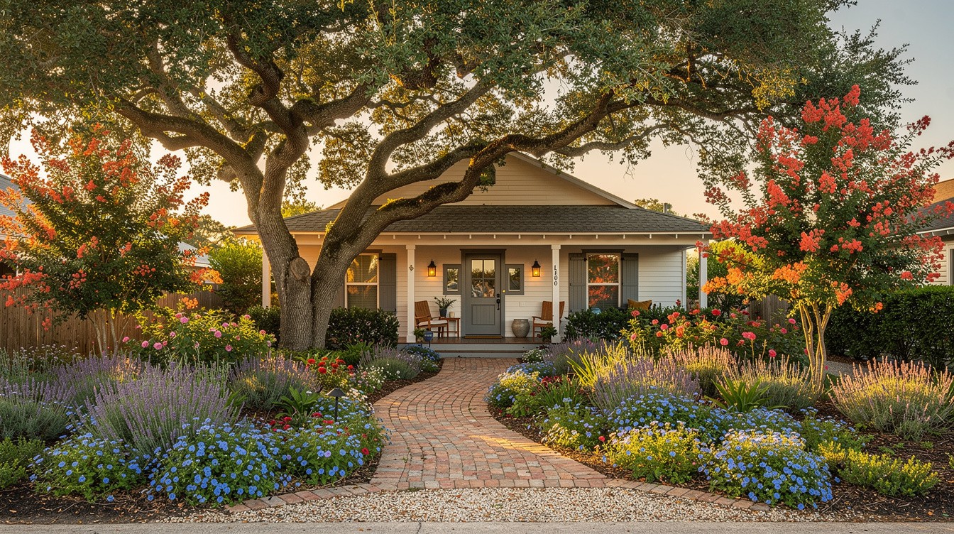 Gulf Coast Cottage Entry with Lantana and Live Oak — Cottage/English garden in Corpus Christi