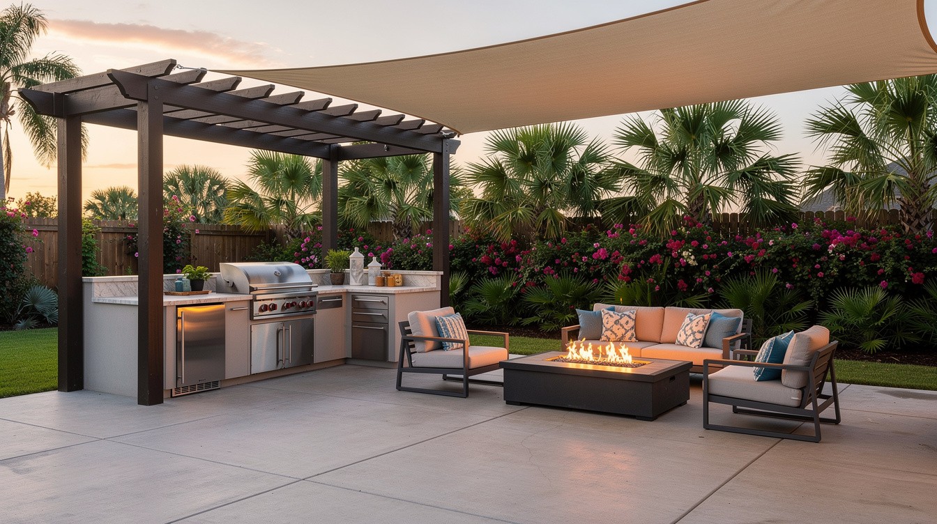 Concrete Terrace with Outdoor Kitchen and Fire Feature — Modern/Minimalist garden in Corpus Christi
