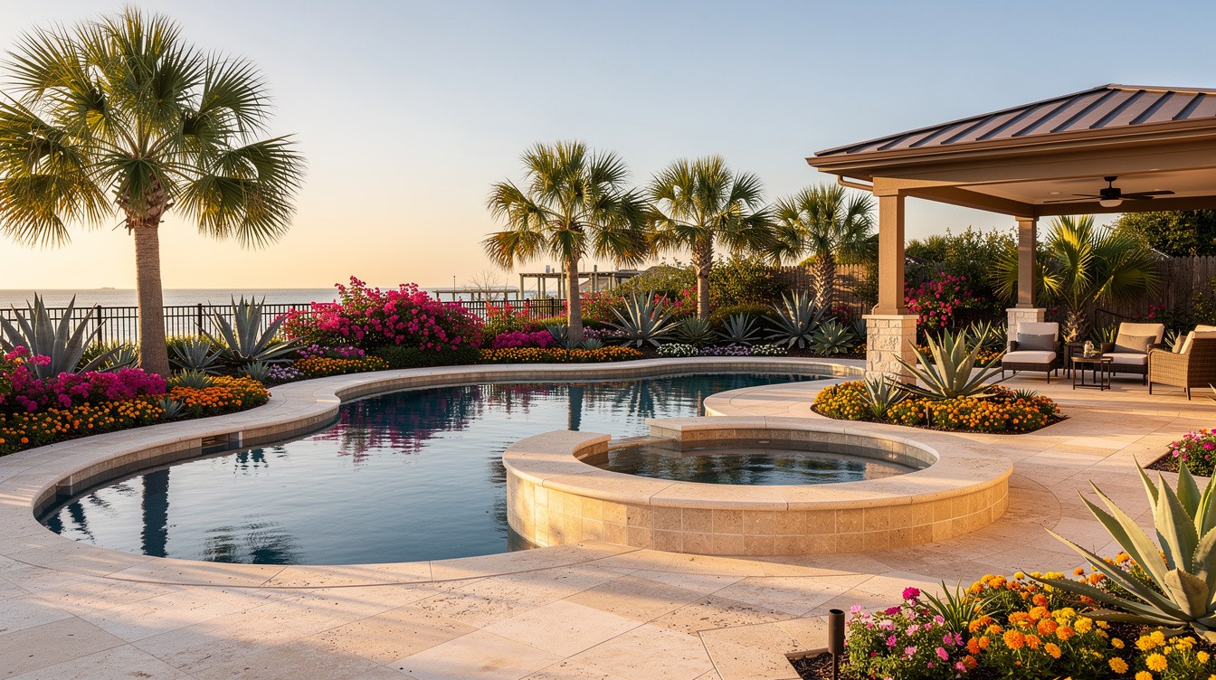 Pool and Spa with Coastal Tropical Garden — Modern/Minimalist garden in Corpus Christi