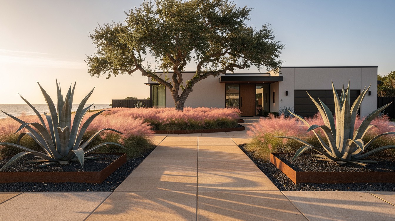 Concrete Entry with Agave and Coastal Grasses — Modern/Minimalist garden in Corpus Christi