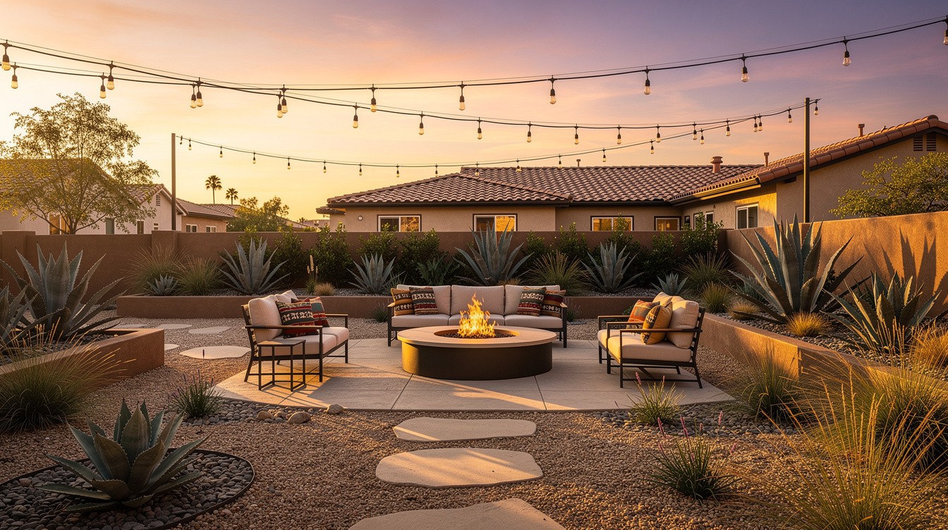 The Sunset Fire Courtyard — Desert/Xeriscape garden in Garden Grove