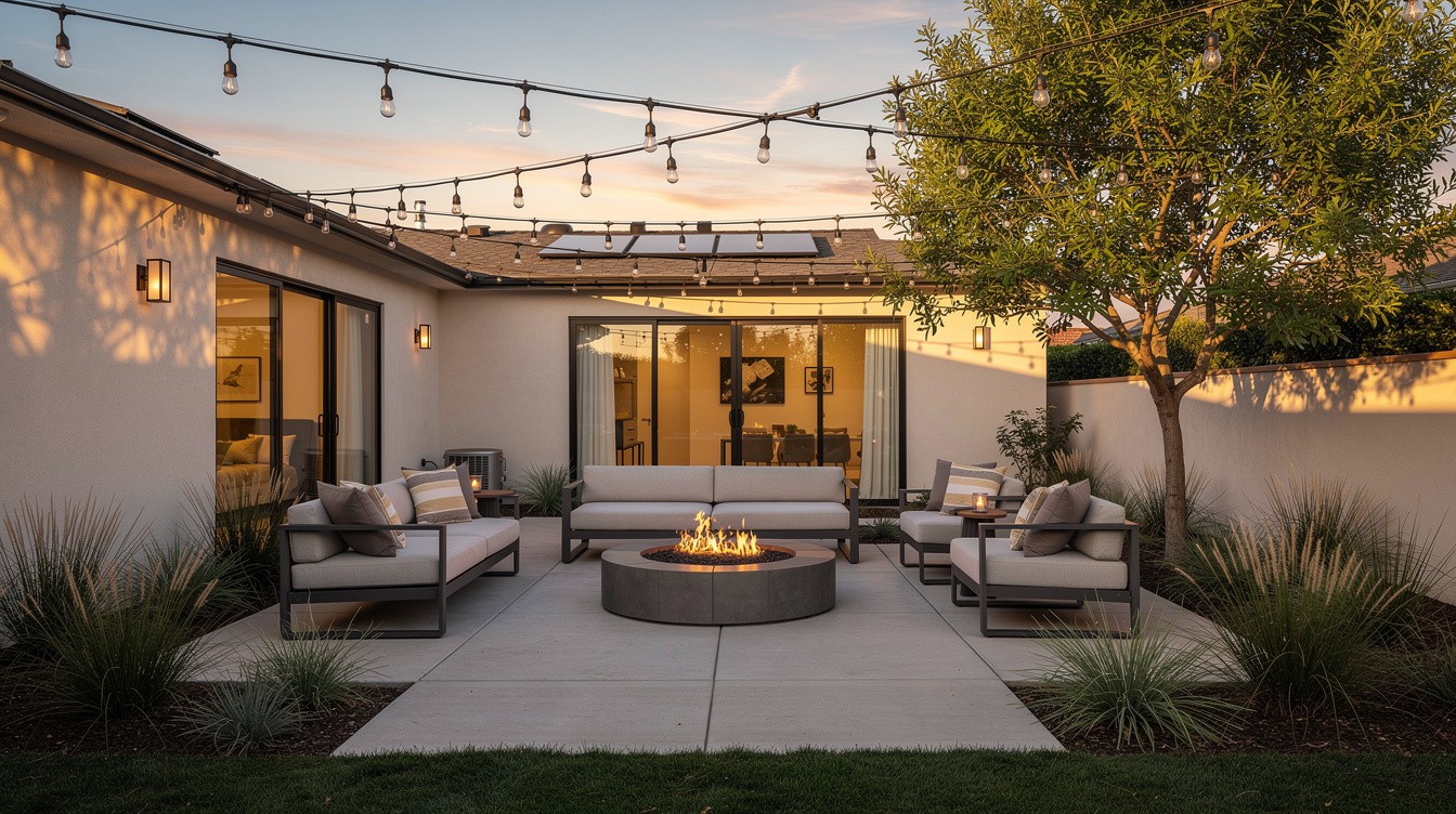The String-Light Fire Pit Terrace — Modern/Minimalist garden in Glendale