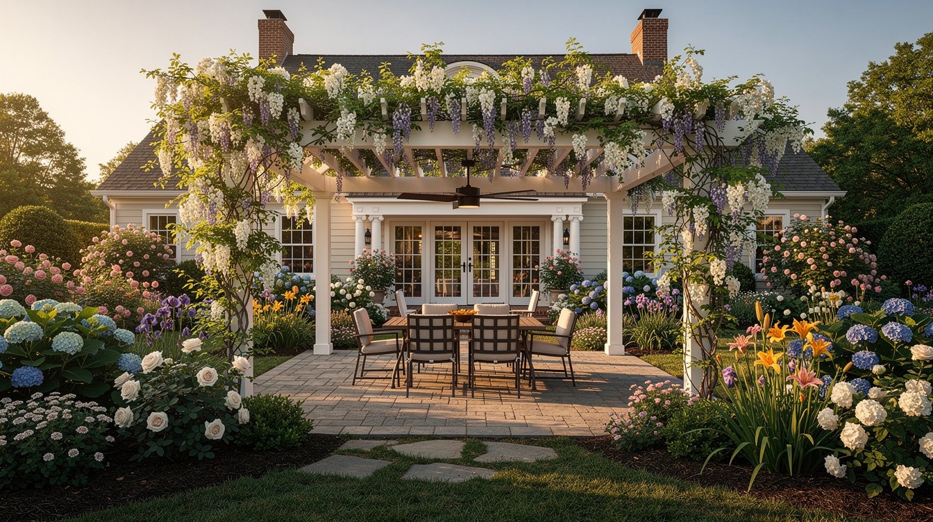 Flagstone Patio with Cottage Borders and Pergola — Cottage/English garden in Greensboro