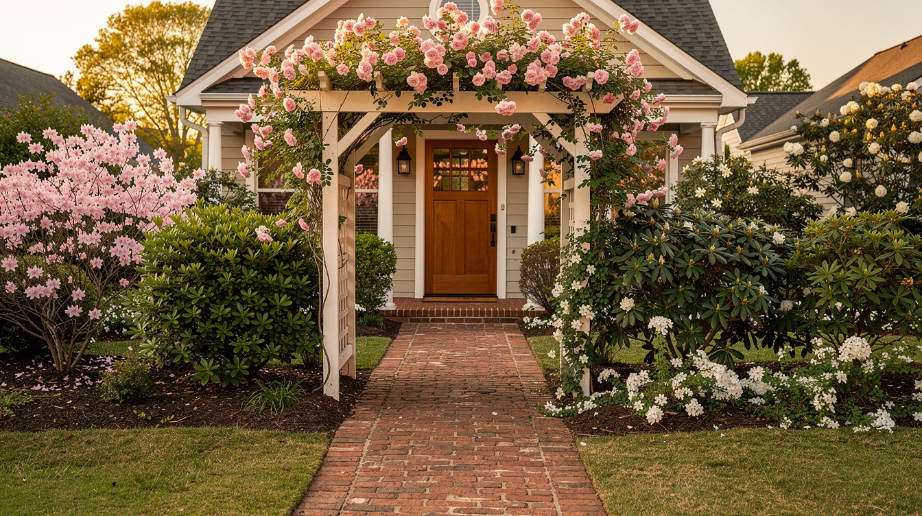 Piedmont Cottage Entry with Climbing Rose and Azalea Border — Cottage/English garden in Greensboro