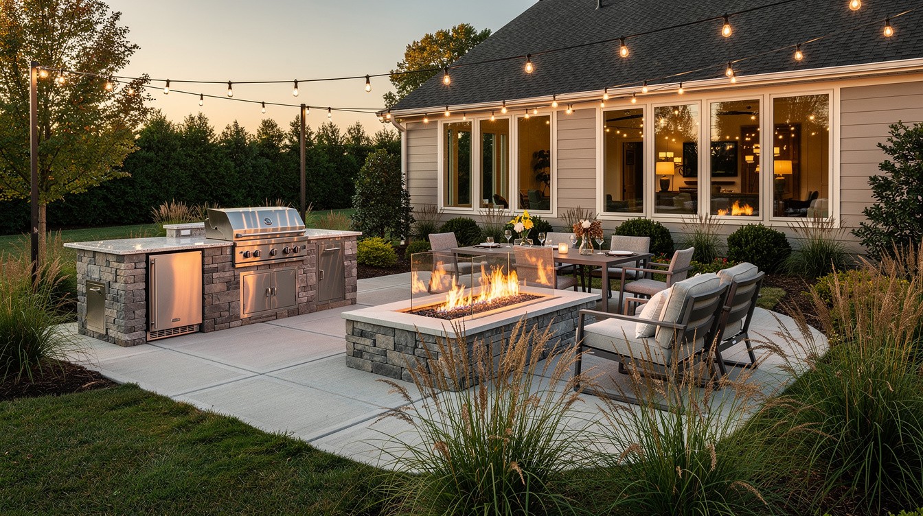 Outdoor Kitchen Terrace with Fire Feature and Contemporary Planting — Modern/Minimalist garden in Greensboro