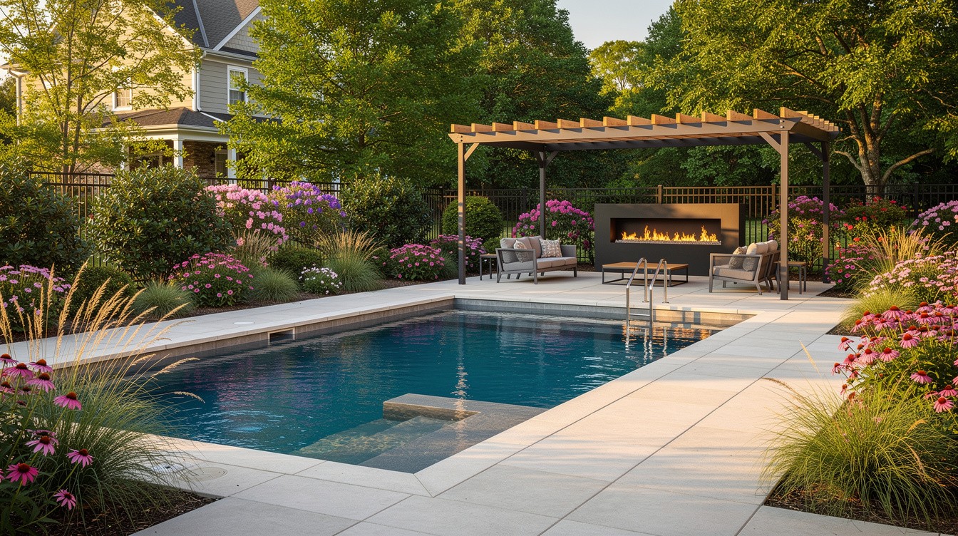 Pool Terrace with Shade Pergola and Native Garden — Modern/Minimalist garden in Greensboro