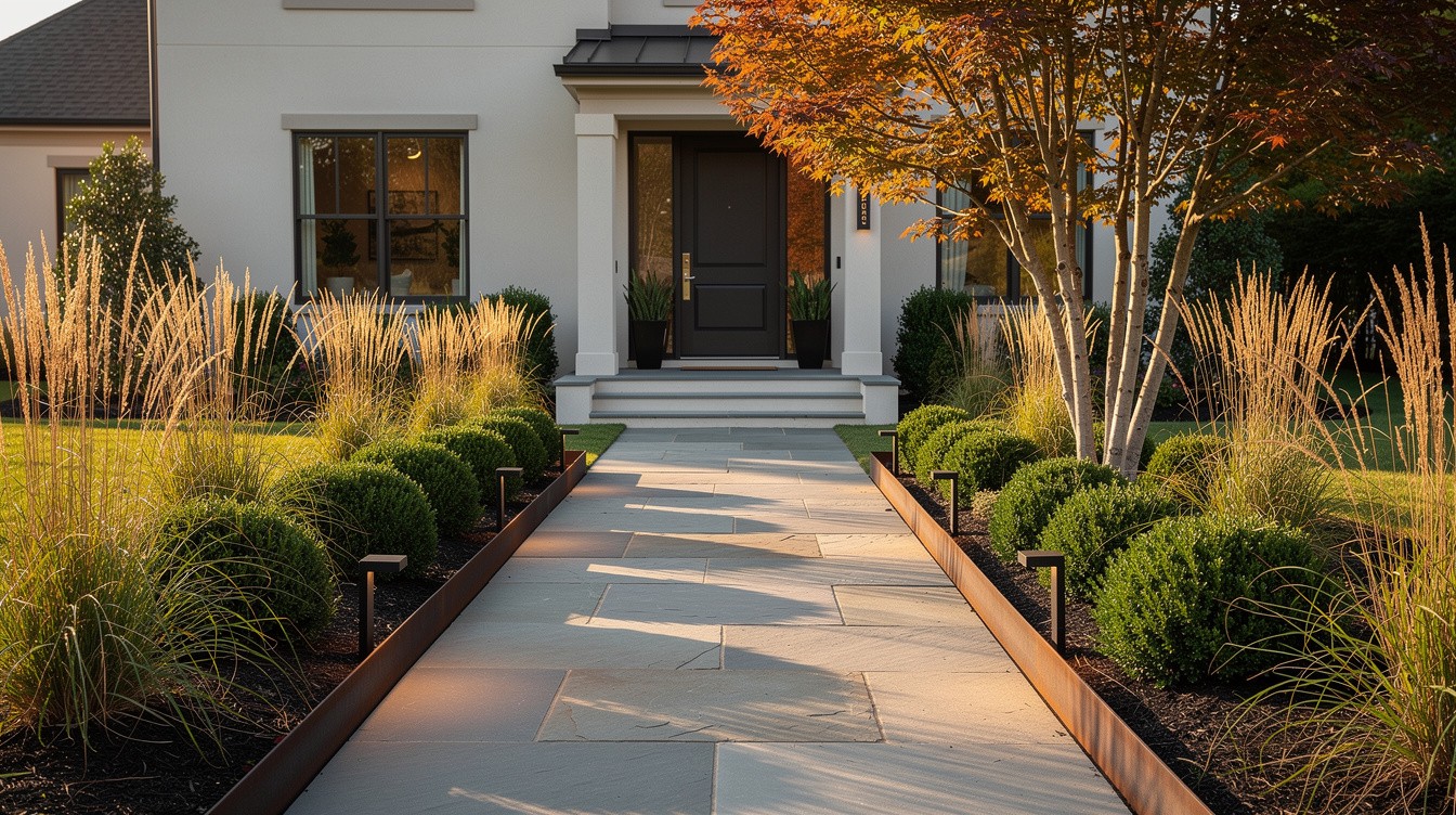 Bluestone Entry with Native Grasses and Boxwood Accents — Modern/Minimalist garden in Greensboro
