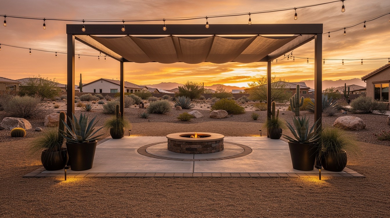 The Desert Patio with Shade Structure — Desert/Xeriscape garden in Henderson