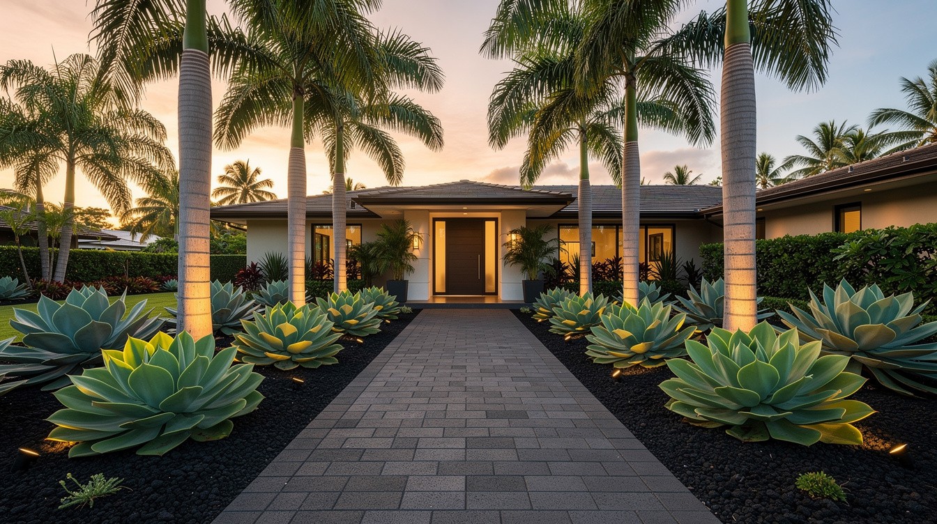 Lava Stone Entry with Sculptural Agave and Palms — Modern/Minimalist garden in Honolulu