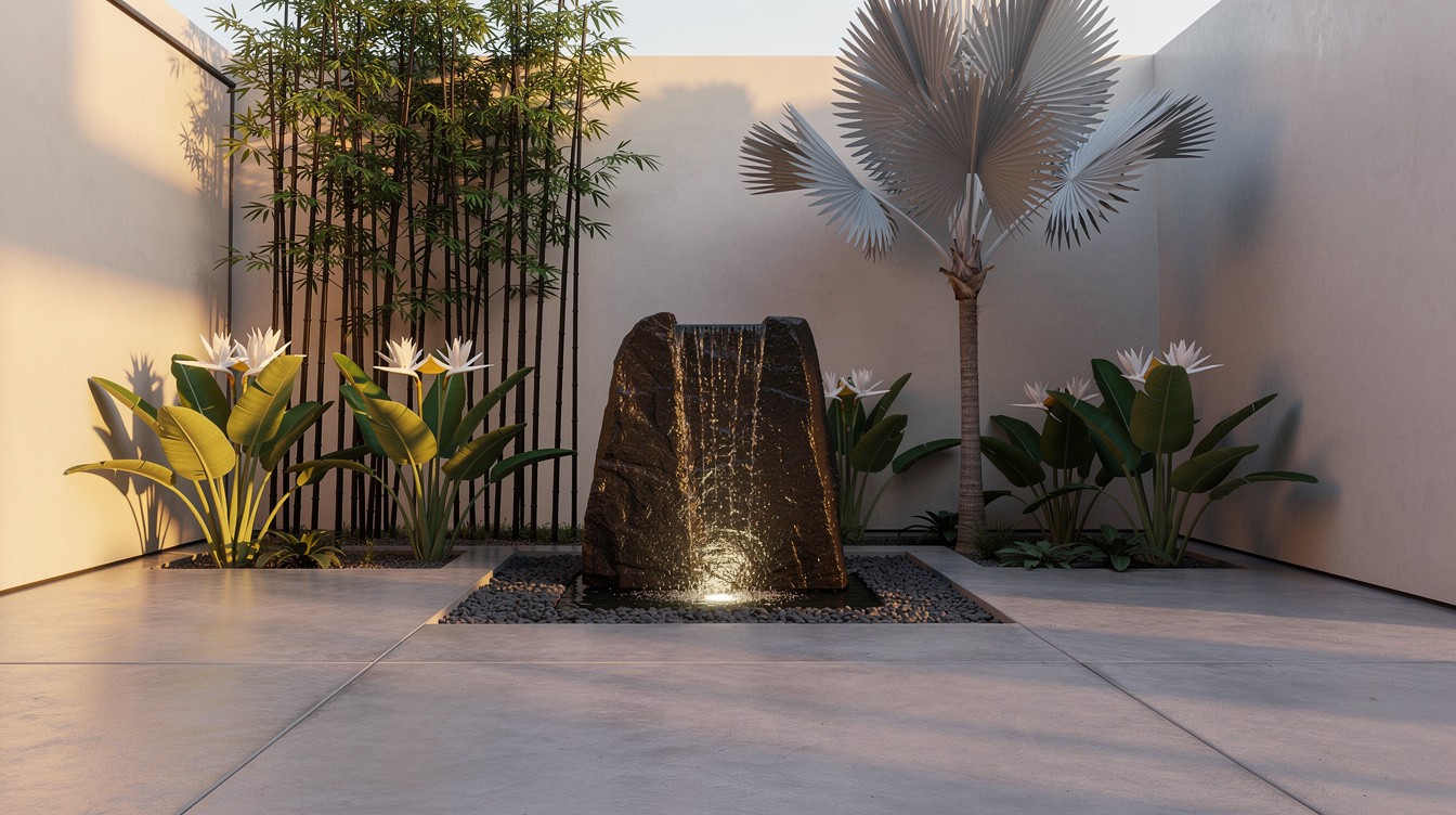 Minimalist Courtyard with Water Feature and Tropical Accents — Modern/Minimalist garden in Honolulu