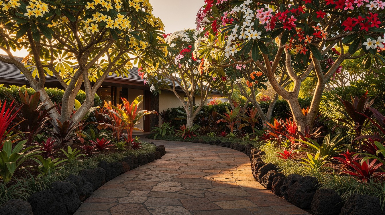 Plumeria Grove Entry with Lava Rock Border — Tropical/Lush garden in Honolulu