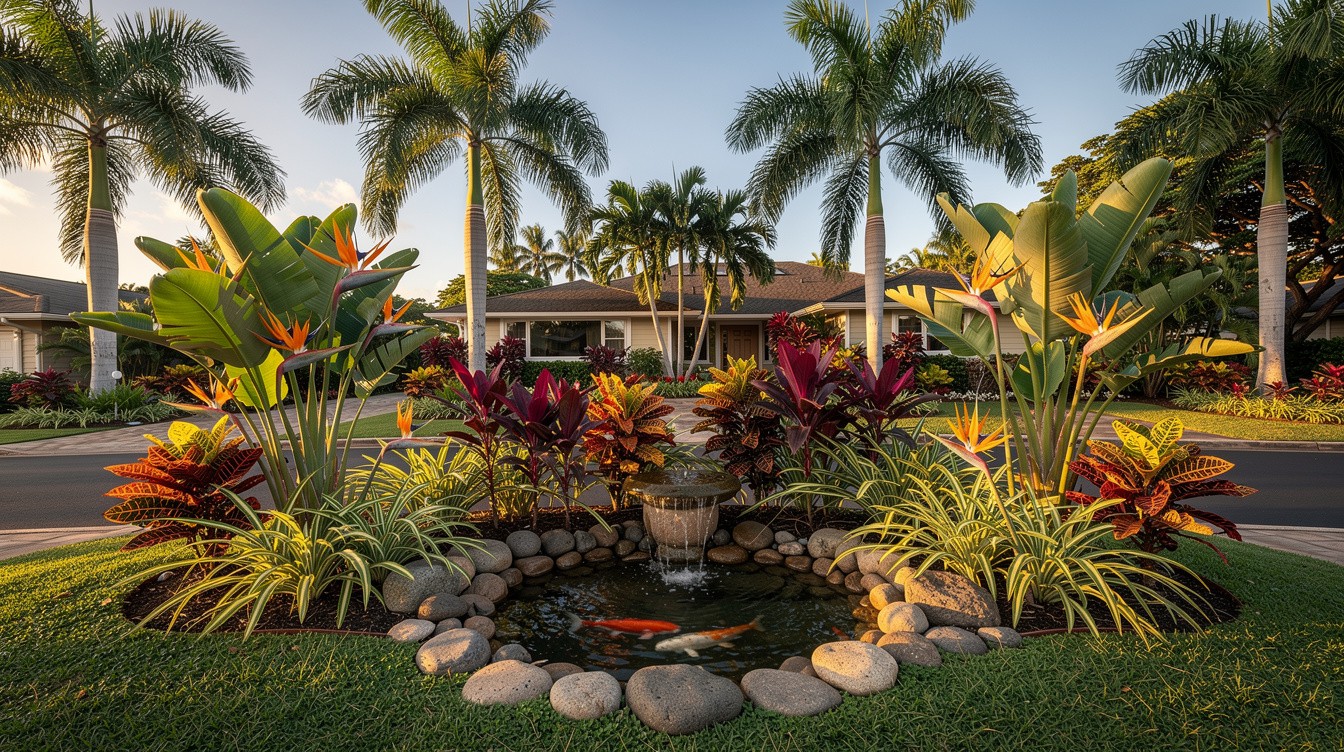Bird of Paradise and Palm Garden with Koi Pond — Tropical/Lush garden in Honolulu