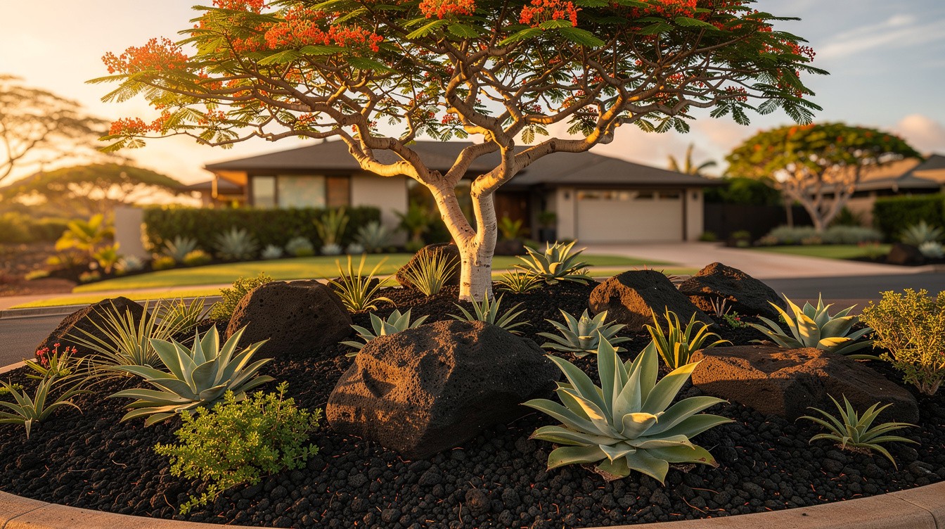 Lava Rock Agave Garden with Wiliwili Canopy — Desert/Xeriscape garden in Honolulu