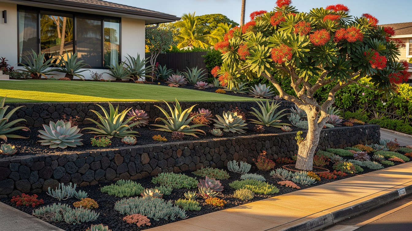 Succulent Terrace with Ohia and Aloe — Desert/Xeriscape garden in Honolulu