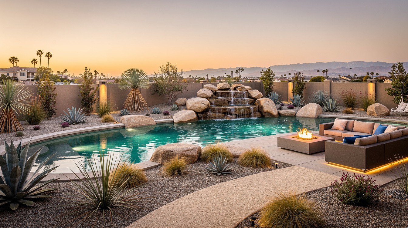 The Cascading Waterfall Pool — Desert/Xeriscape garden in Huntington Beach