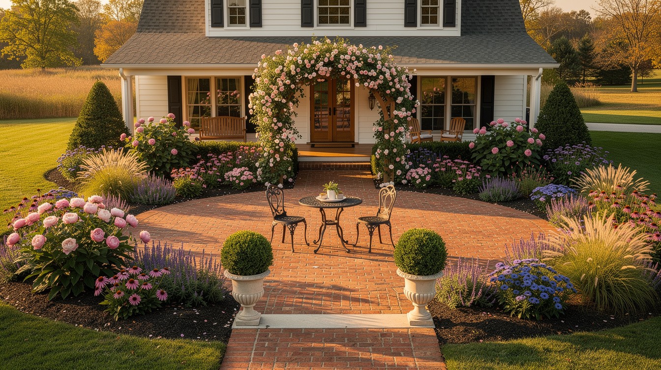 Brick Patio with Rose Arbor and Bluegrass Perennial Borders — Cottage/English garden in Lexington-Fayette