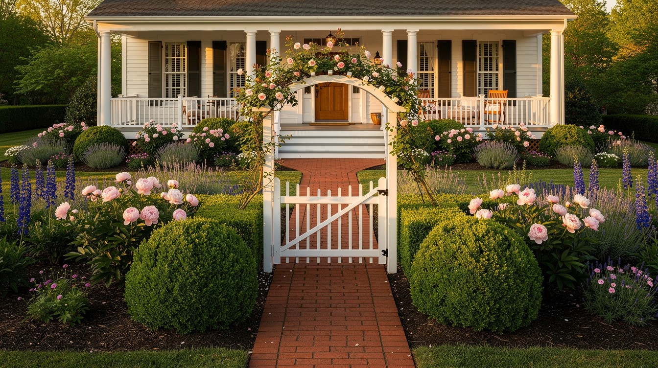 Boxwood-Framed Entry with Roses and Peonies — Cottage/English garden in Lexington-Fayette