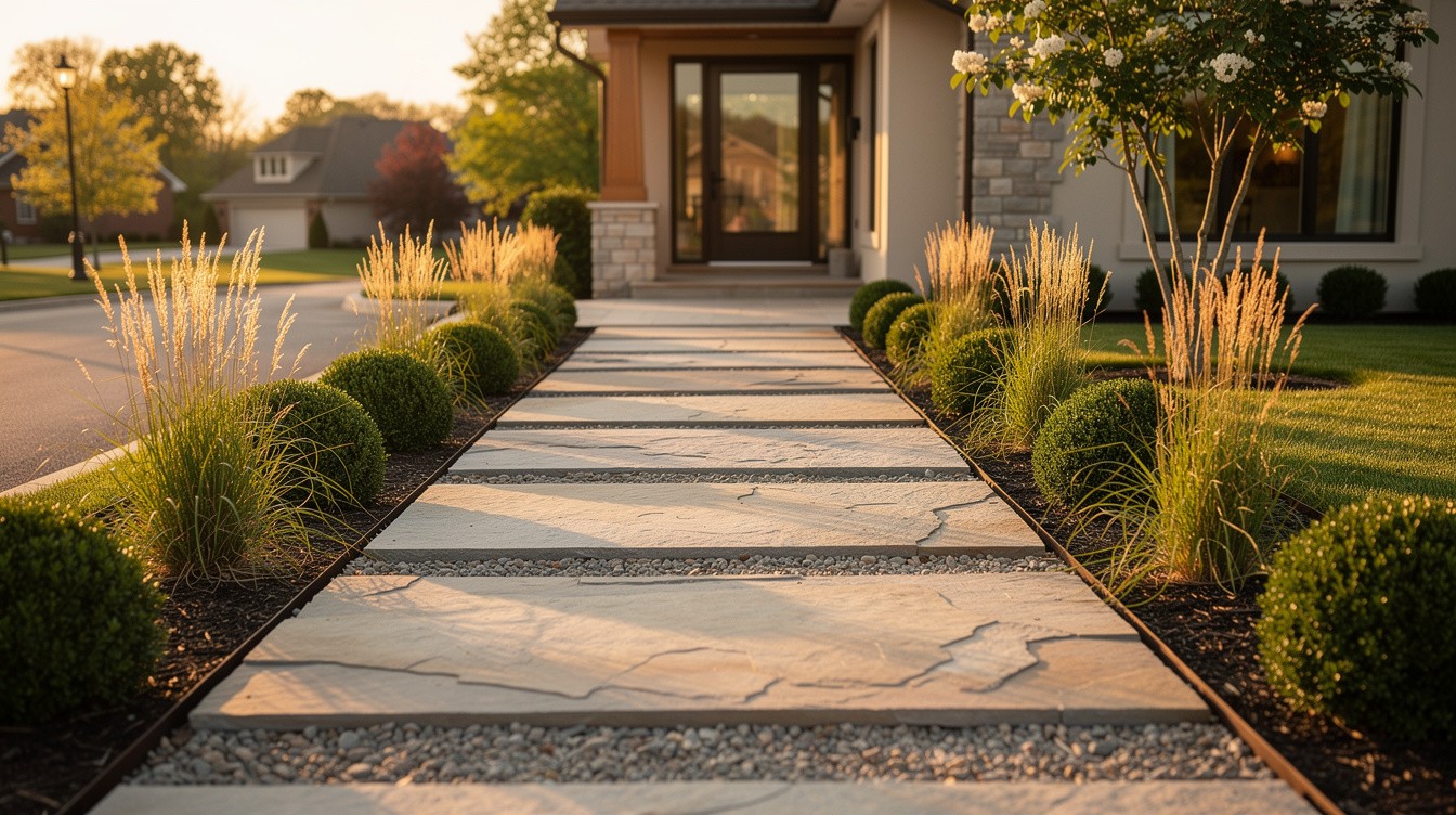 Limestone Entry with Ornamental Grass and Boxwood Structure — Modern/Minimalist garden in Lexington-Fayette