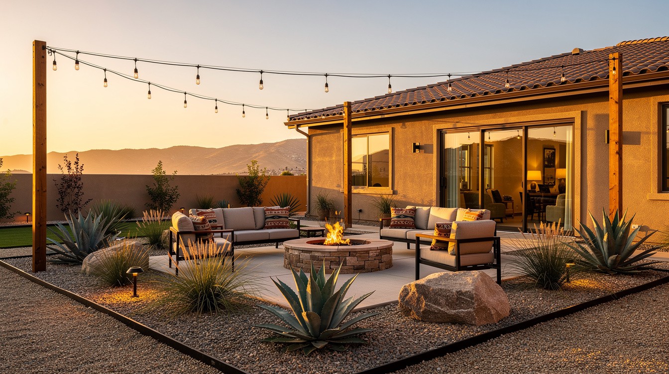 The String-Light Fire Pit Terrace — Desert/Xeriscape garden in Moreno Valley