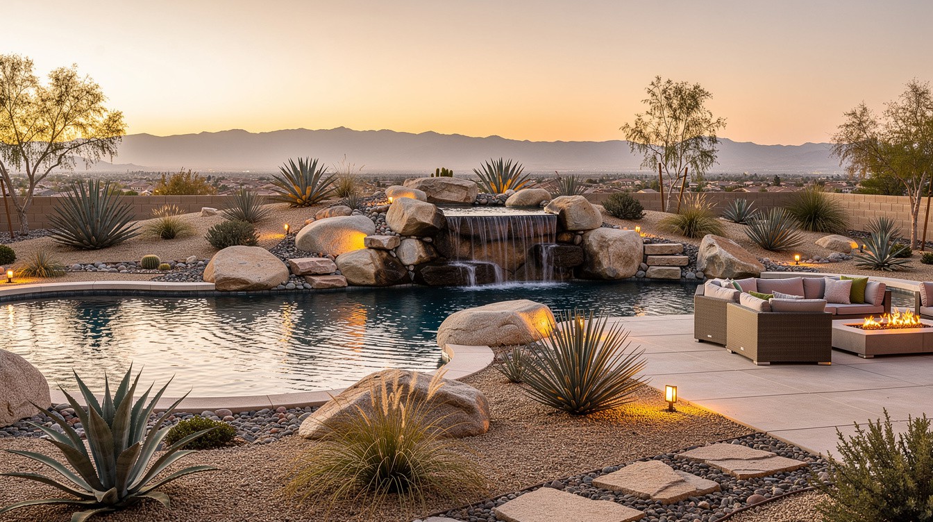 The Boulder Waterfall Pool Retreat — Desert/Xeriscape garden in Moreno Valley