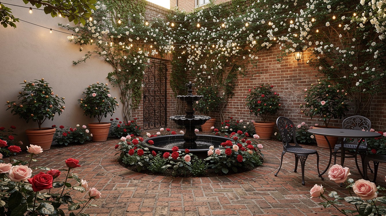 Brick Courtyard with Fountain and Rose Borders — Cottage/English garden in New Orleans