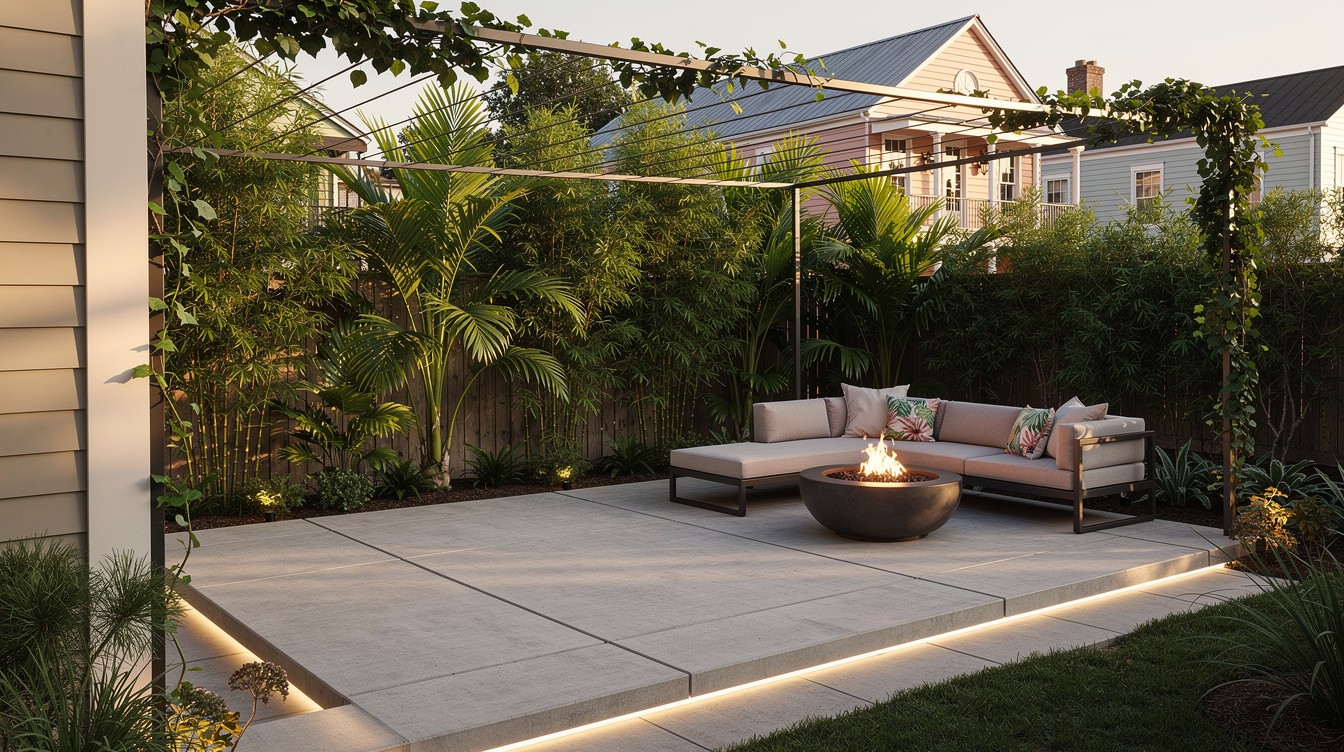 Concrete Terrace with Fire Pit and Tropical Screening — Modern/Minimalist garden in New Orleans