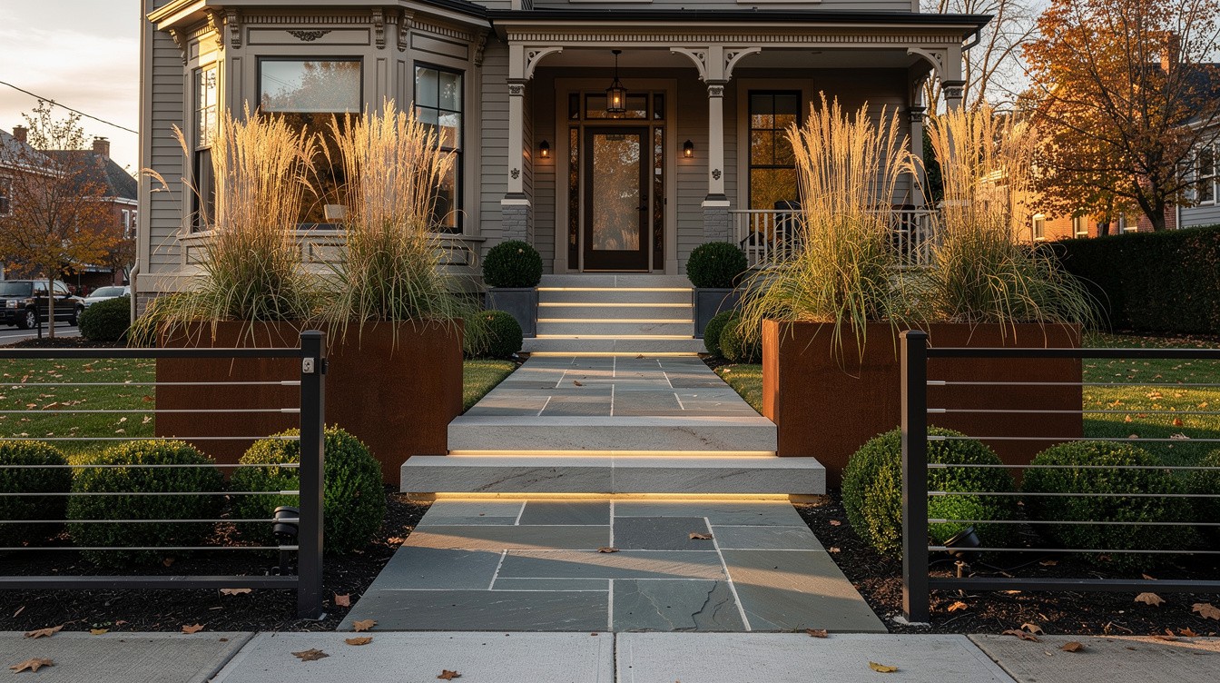 Bluestone Entry with Ornamental Grasses and Steel Fence — Modern/Minimalist garden in Newark