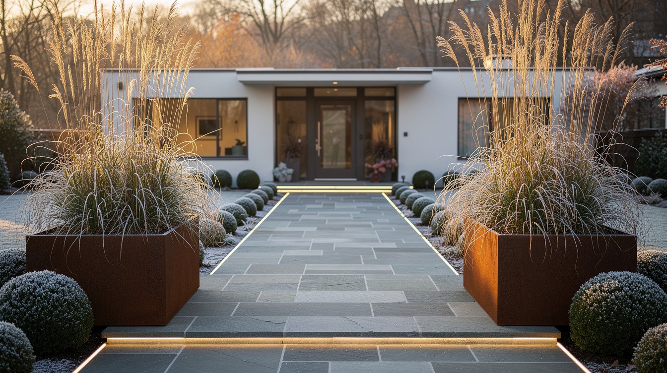 Bluestone Terrace Entry with Steel Planters and Ornamental Grasses — Modern/Minimalist garden in Pittsburgh