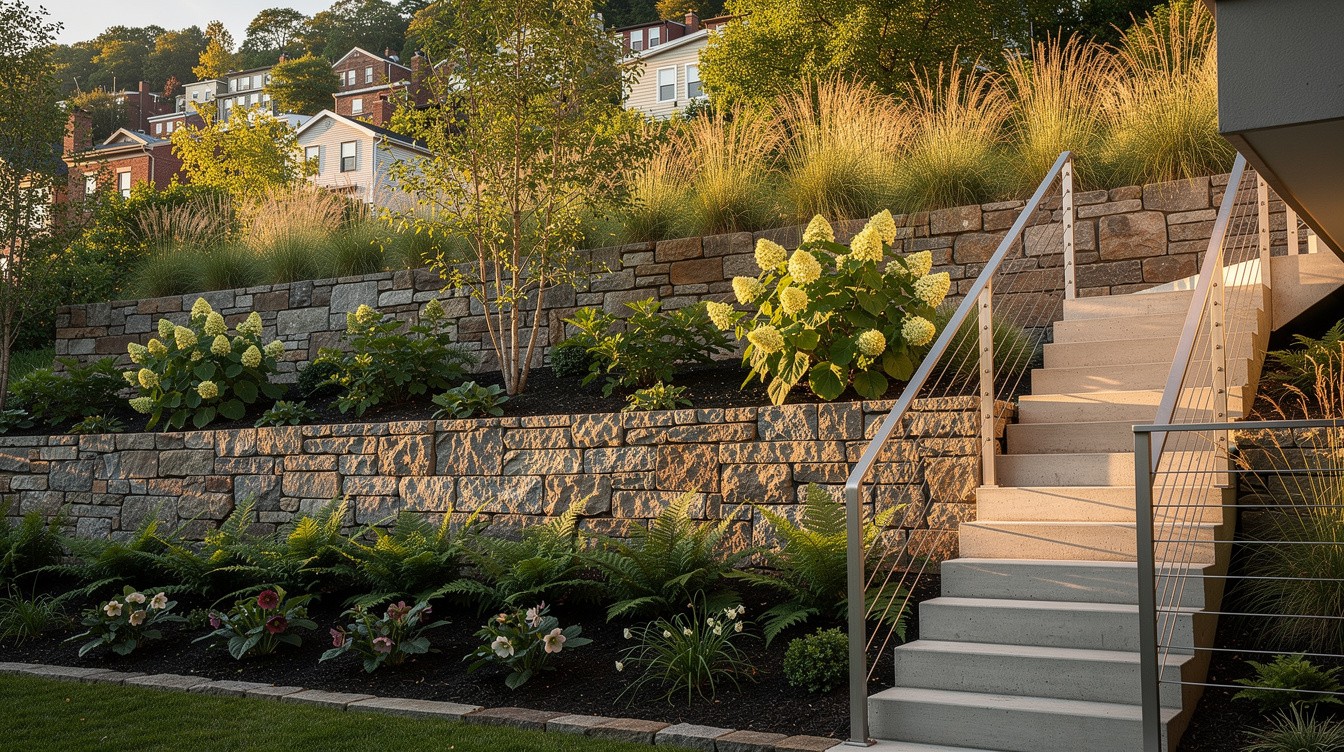Hillside Terraced Garden with Stone Walls and Native Grasses — Modern/Minimalist garden in Pittsburgh