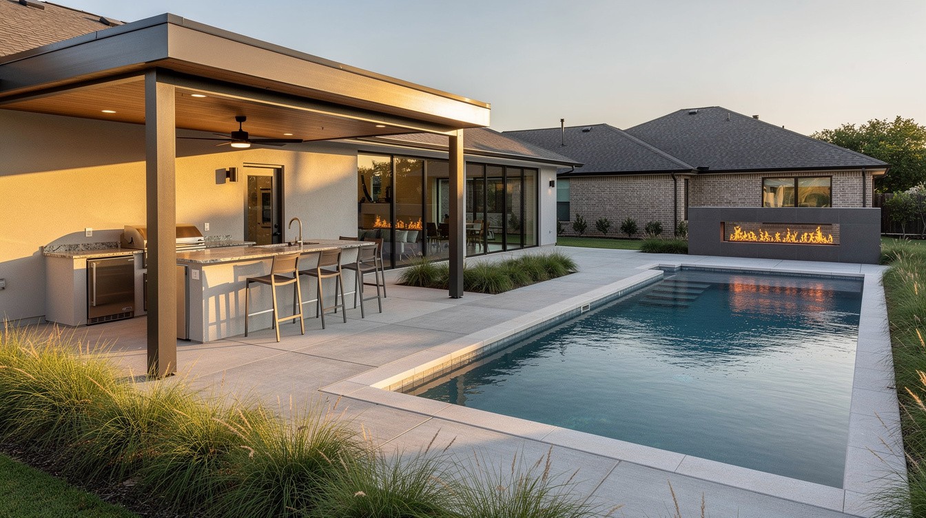 Covered Outdoor Kitchen with Pool and Contemporary Planting — Modern/Minimalist garden in Plano