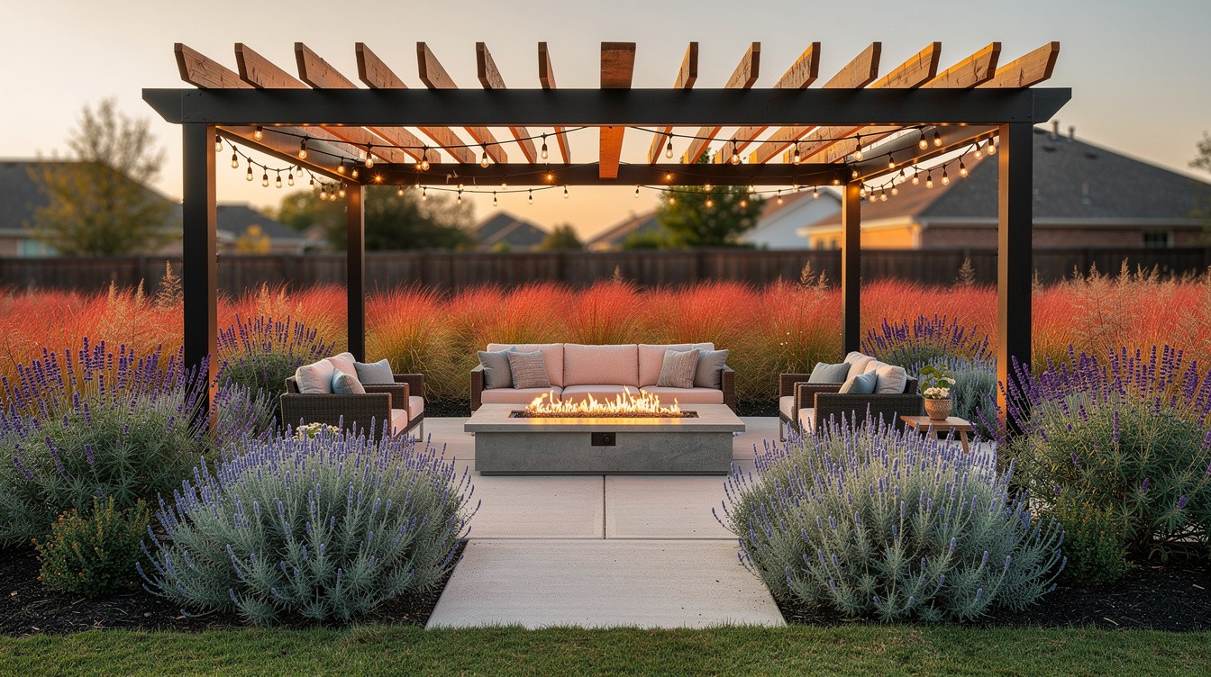 Pergola Fire Feature Terrace with Prairie Landscape — Modern/Minimalist garden in Plano