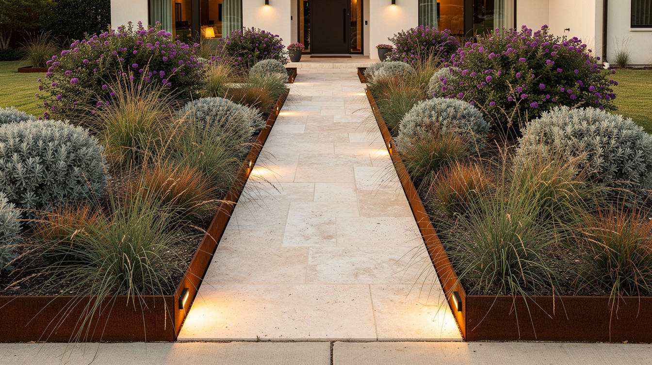 Limestone Entry with Native Grasses and Texas Sage Structure — Modern/Minimalist garden in Plano