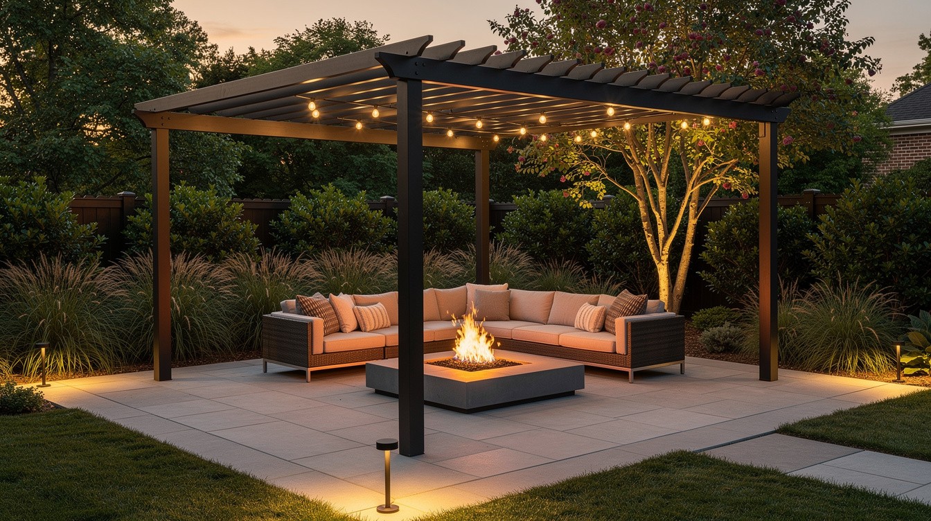 The Outdoor Living Room with Pergola and Fire — Modern/Minimalist garden in Richmond