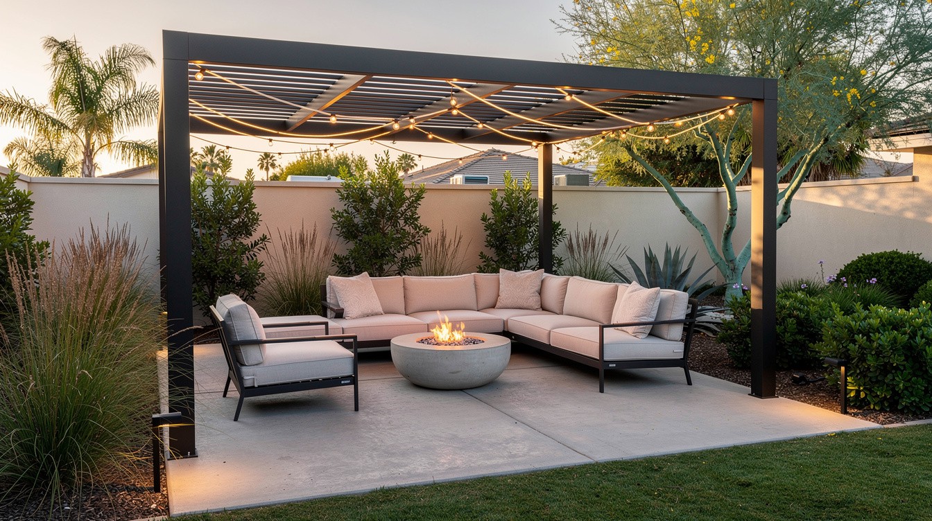 The Outdoor Living Room with Steel Pergola — Modern/Minimalist garden in Santa Ana