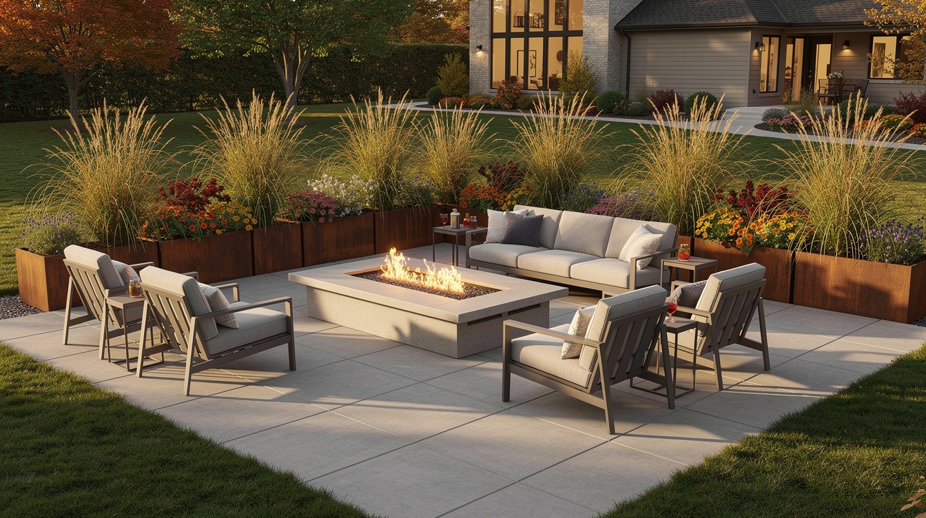 Concrete Fire Pit Terrace with Steel Planters — Modern/Minimalist garden in St. Louis