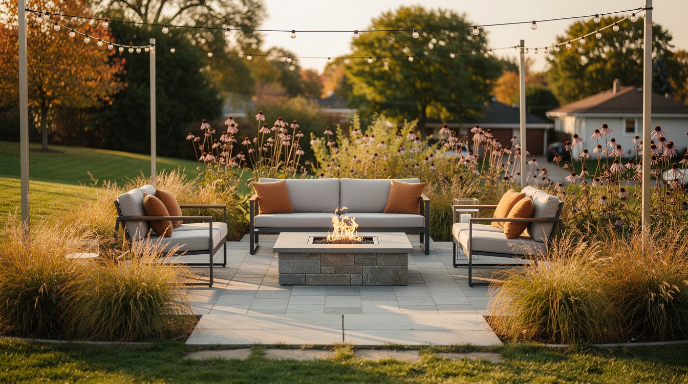 Bluestone Fire Pit Terrace with Prairie Borders — Modern/Minimalist garden in St. Paul