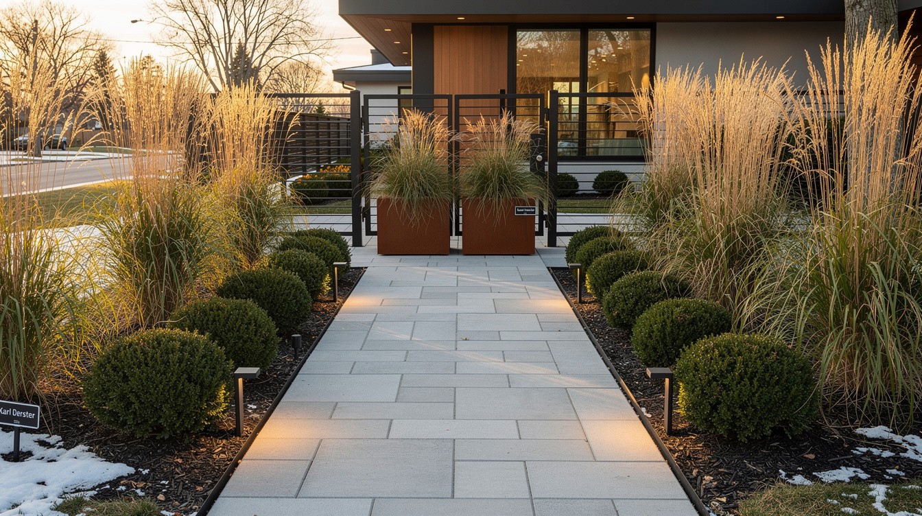 Concrete Paver Entry with Cold-Hardy Grasses and Boxwood Structure — Modern/Minimalist garden in St. Paul
