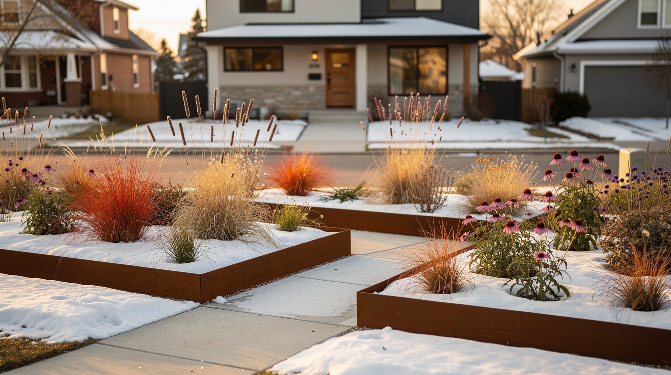 Native Prairie Front Yard with Contemporary Geometry — Modern/Minimalist garden in St. Paul