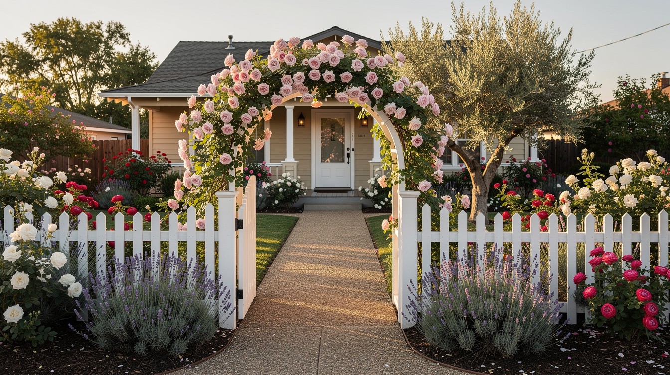 California Cottage Entry with Drought-Adapted Roses and Lavender — Cottage/English garden in Stockton