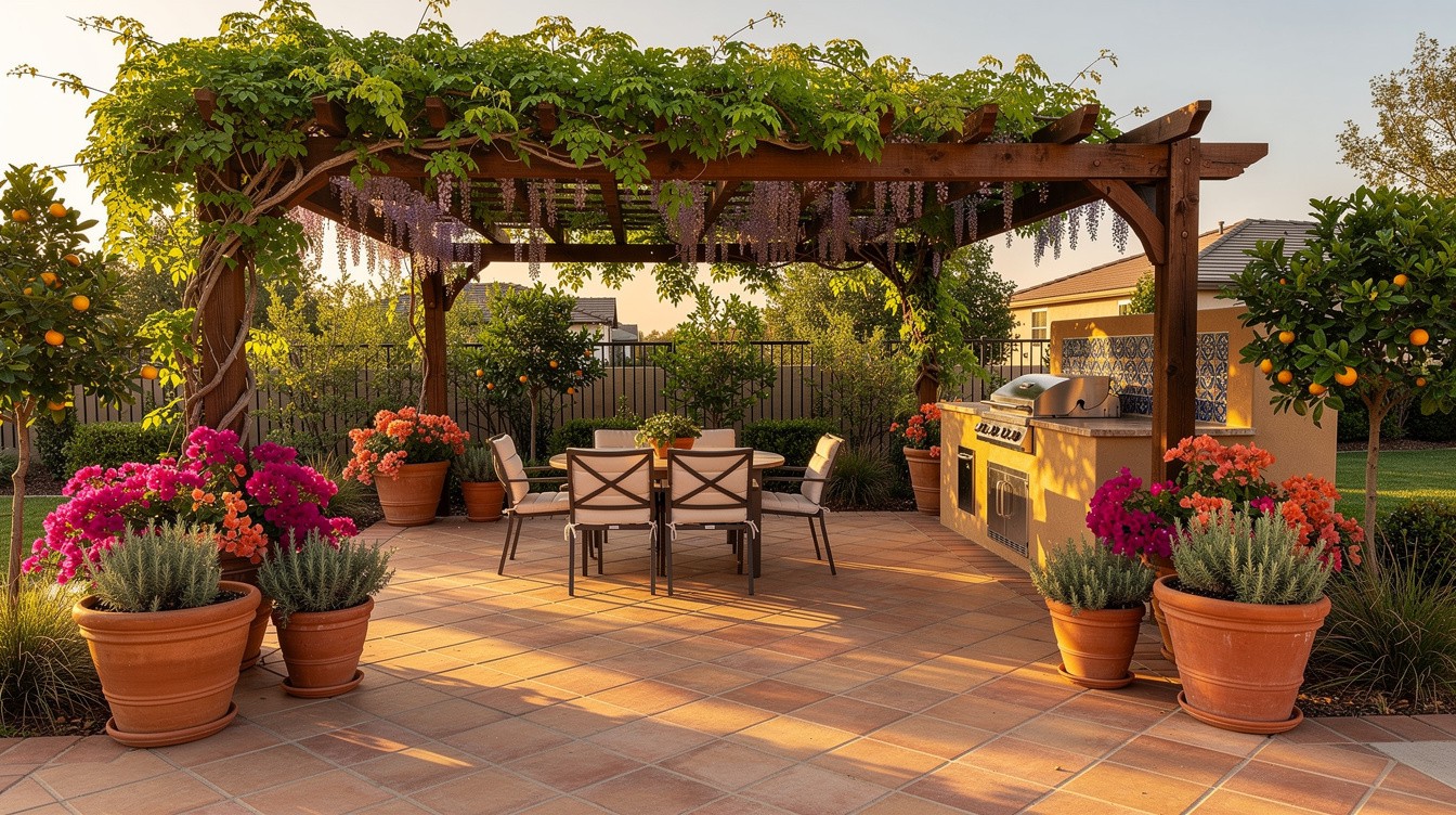 Terracotta Patio with Pergola and Mediterranean Planting — Mediterranean garden in Stockton