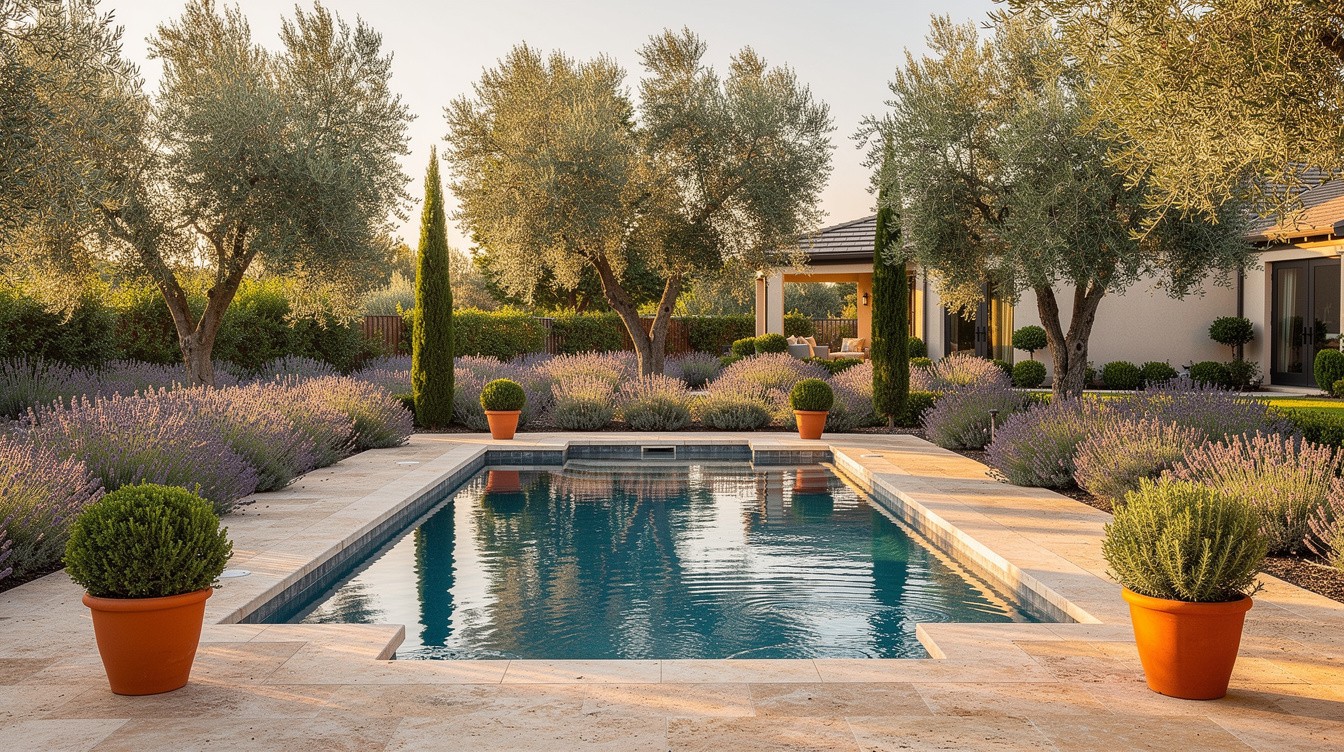Pool Oasis with Olive Grove and Travertine Deck — Mediterranean garden in Stockton